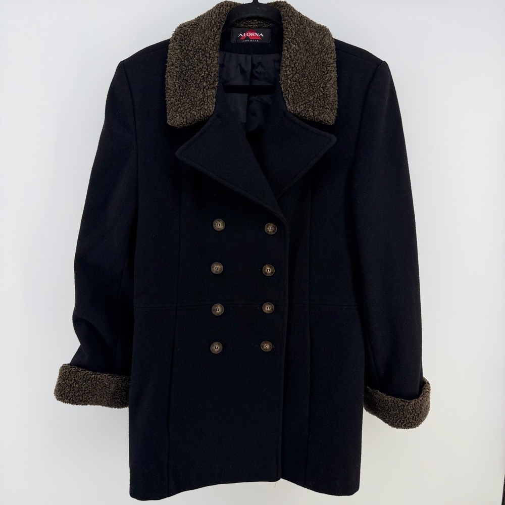 Vintage Alorna 100% Wool Coat Womens L Black Sherpa Old Money Equestrian USA